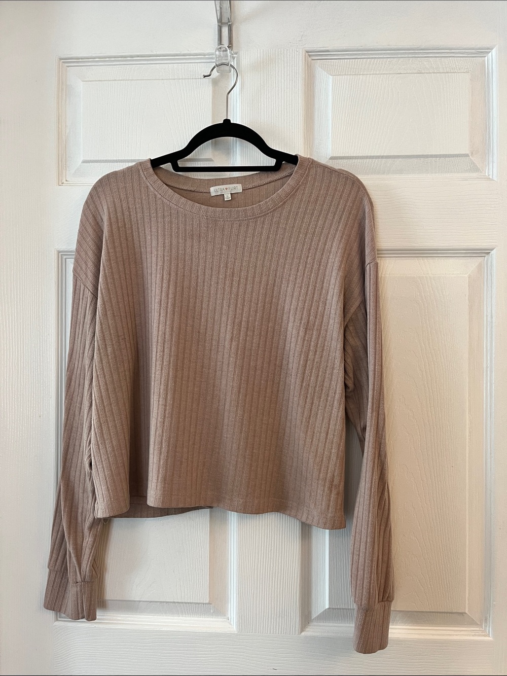 Taupe Ribbed Crewneck Long Sleeve Cropped Sweater Top